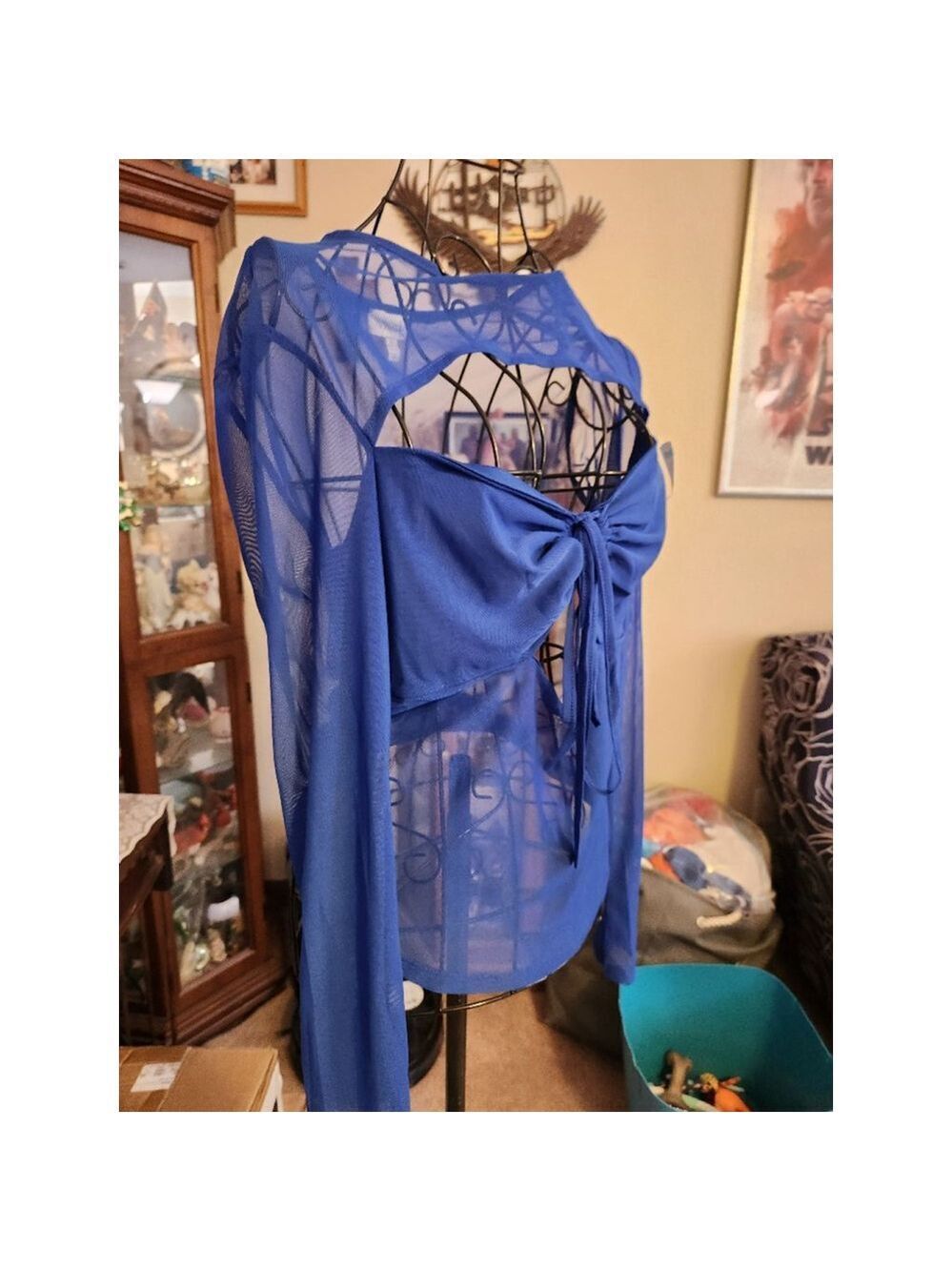 Topshop Cutout Detail Long Sleeve Mesh Top Blue See-through - Picture 5 of 6